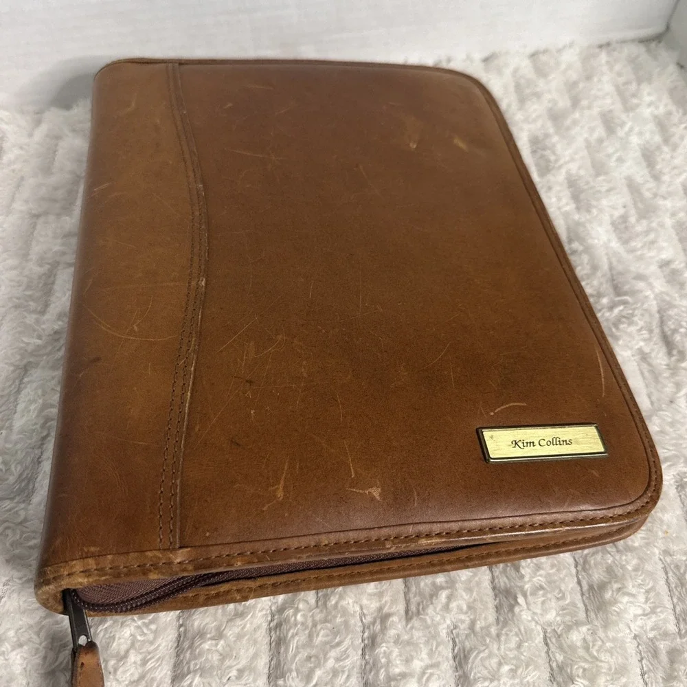 VTG Daytimer Planner Binder Organizer Camel Leather Zip Cover Kim Collins